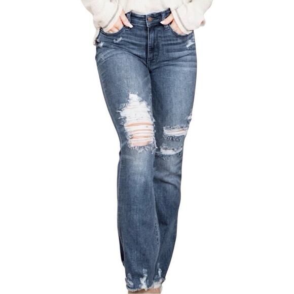 Judy Blue Mid Rise Slim Bootcut Jeans Dark Wash Distressed Western Womens 3/26 - Picture 1 of 10